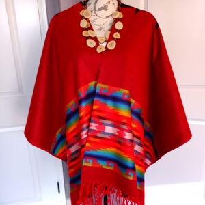 Artisanal Andean Poncho Unisex One Size REVERSIBLE Red, Black,  Fringe